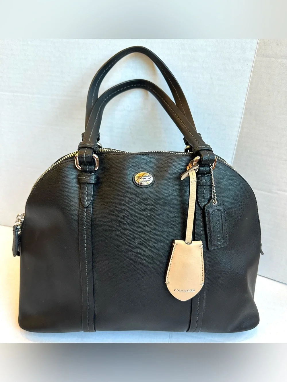 Coach Cora Peyton Black Saffiano Leather Domed Satchel Crossbody Bag Classic